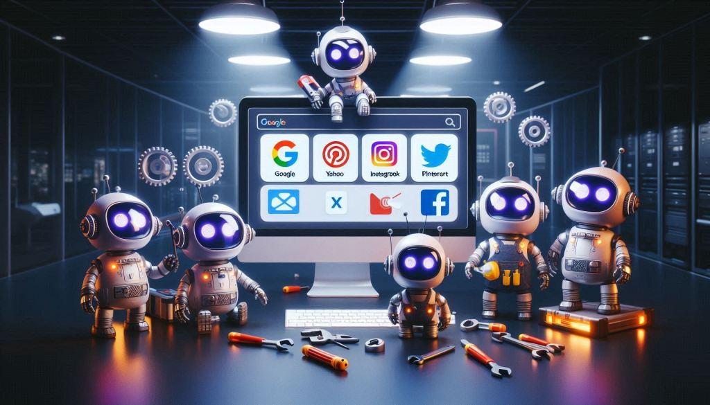 A group of 6 adorable robots at the office working on a large monitor that is displaying icons for; Google, Yahoo, Bing, X, Facebook, Instagram, Pinterest, and email envelopes. They are wearing suits with some tools; wrenches, screwdrivers, etc displaying the need for performance analysis with AI tools. The office setting is modern and dark with cool lighting. The robots are in a 3D illustrated animation style.
