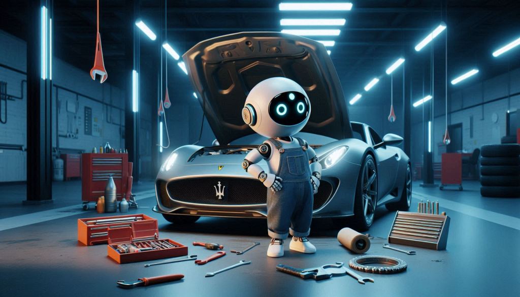 An adorable robot in a mechanic garage is looking under the hood of a late mobile Lamborghini Maserati. The robot is wearing oil stained overalls with some tools; wrenches, screwdrivers, etc scattered around the floor. The garage is modern and dark with cool lighting, meant to show the importance of improved analytics through AI. The robots are in a 3D illustrated animation style.