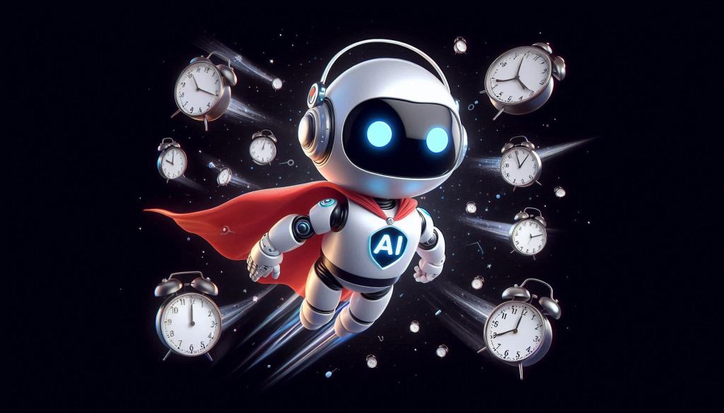 An adorable robot flying through space like a superhero. The robot is wearing a superhero outfit with the letters "AI" on the chest. There are clocks of all varieties floating around the black background. cool lighting meant to show the impact of AI in the future. The robots are in a 3D illustrated animation style.