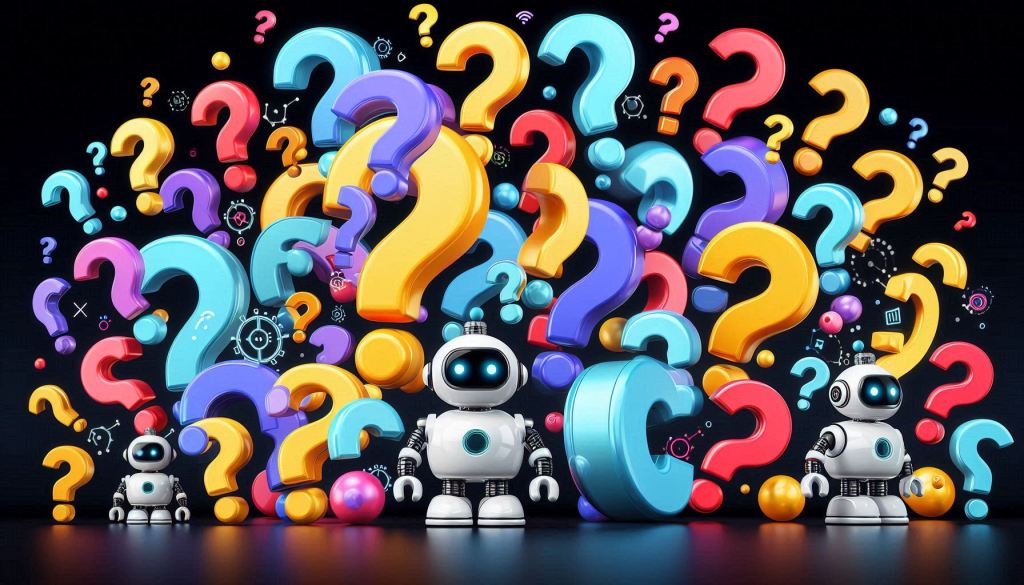 A group of 10 or more differently colored question marks are floating around a black background. Meant to show the FAQs for AI lead generation. The robots are in a 3D illustrated animation style
