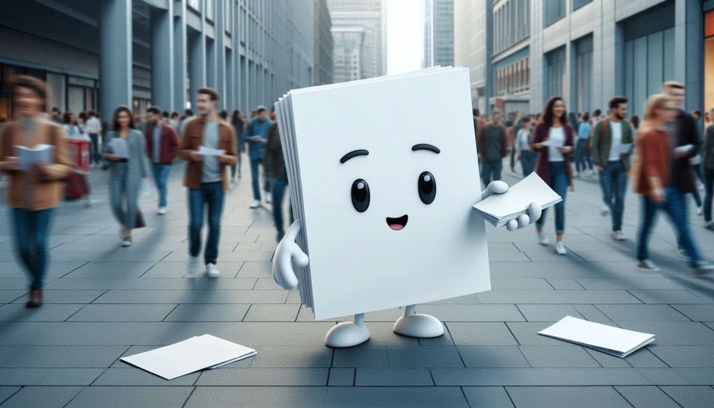 an adorable blank white sheet of paper is standing on a bustling city sidewalk handing out flyers to people passing by. The setting is outdoors and the adorable blank white sheet of paper is animatedly handing out flyers which some have fallen loosely to the ground. The image is animated and intended to showcase promoting white papers.