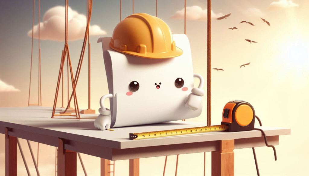 an adorable blank white sheet of paper is working on a construction site. It has on a hard hat and is straddling a beam suspended one hundred feet in the air. It is nervous as it uses a tape measure to measure a 2x4. There are birds and clouds overhead with warm natural lighting. The image is set to convey the importance of measuring the success of white papers.