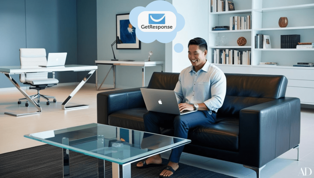 An image of a casual business-dressed man working on his laptop on a modern, glass coffee table. There is a thought bubble coming from the man with the GetResponse logo inside. The man is sitting on a black leather sofa in a large modern, home office with modern matching furniture, books, and art in a cool-lit room.