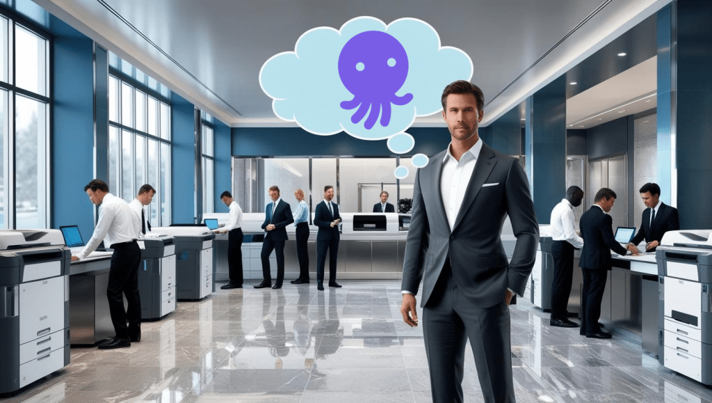 A realistic image of a man in professional business attire standing in a very busy modern office lobby, with cool-color tones. There is a thought bubble over the man's head with the EmailOctopus logo inside. Around the man are busy professionals working with printers and various office equipment. The modern office is embued in cool colors.