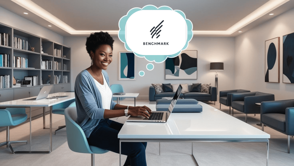 An image of a casual business-dressed woman working on her laptop at a modern, standing workstation. Above her head is a normal-sized thought bubble with the Benchmark logo inside. The setting is a large home office with modern matching furniture, books, and art in a cool-lit room.