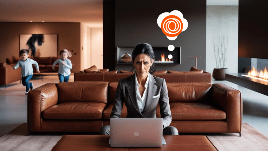 A realistic image of a woman in casual business attire looking a little stressed as two young children run around in the background. She is sitting on her leather sofa working on her laptop which is on a matching coffee table. Above her head is a thought bubble with a question mark inside. The setting is a large living room with modern furniture and art centered by a modern fireplace lighting the otherwise dim room.