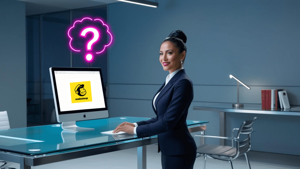An image of a professionally dressed woman standing at a standing workstation made of glass and metal. On top of the desk is a monitor showing the MailChimp logo. Above her head is a thought bubble with a neon-colored question mark inside. The setting is inside a modern cool-colored office space at night, with metal and glass office accent furniture accent pieces, various books, and office supplies in appropriate locations.