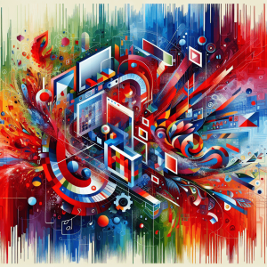A vibrant digital artwork featuring a dynamic blend of reds, blues, and greens, with abstract shapes symbolizing web design elements like a computer m