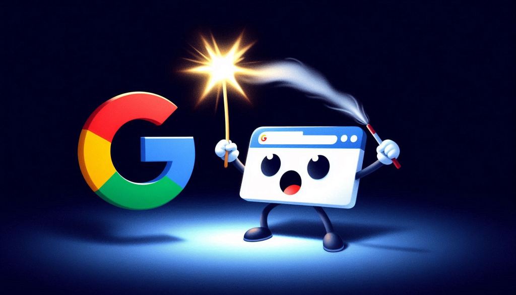 An adorable web page is on one end of the image as it is desperately trying to get the attention of a Google logo on the other end. The web page is waving one arm while shooting a flare above its head trying to get the attention of the Google logo. The rest of the image is very dark showcasing the importance of SEO Friendly Web Design in business.