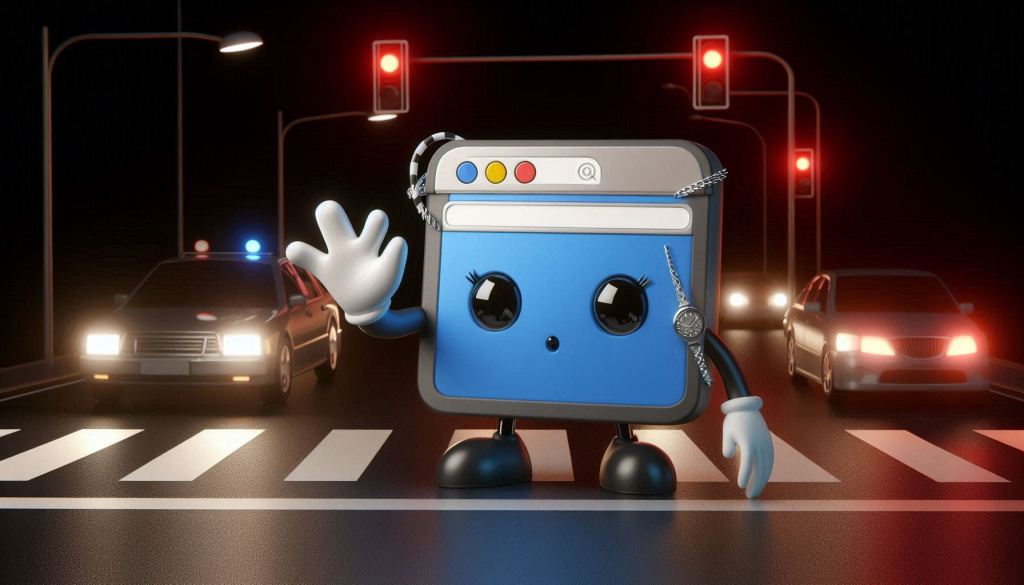 An adorable web page is in a busy street intersection. The web page waves at an oncoming car to allow it to go into the busy intersection. The rest of the image is dark showing how visibility and traffic generation occur through SEO friendly web design.