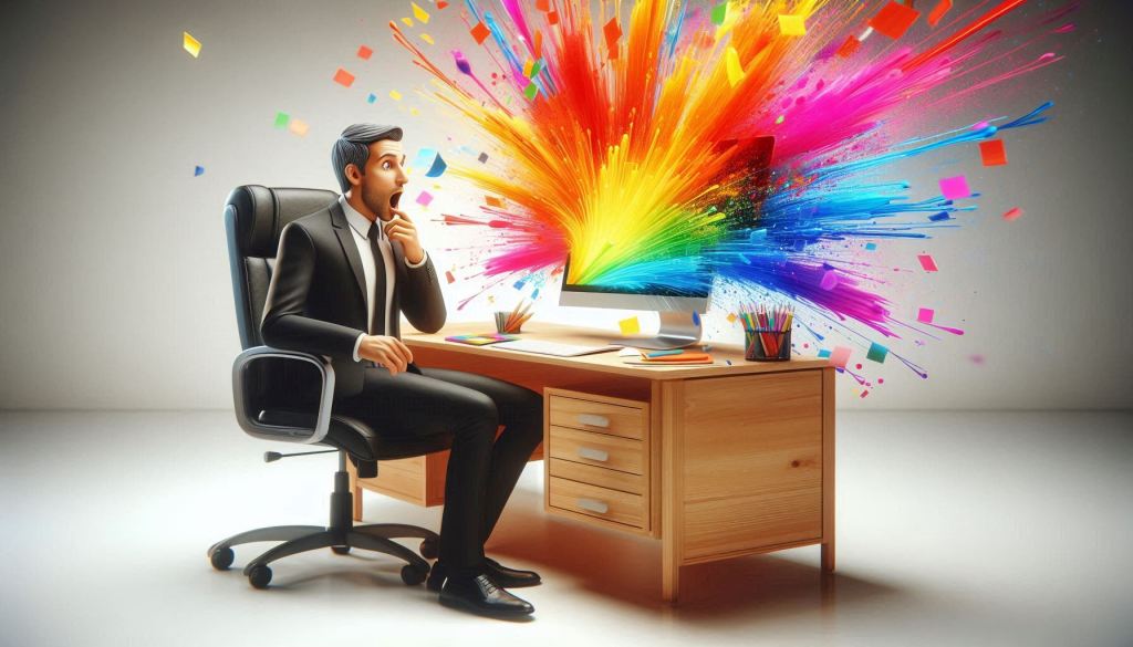 A 3d image of a professionally dressed man sitting at a computer desk and his monitor has bright colors bursting off of the screen. The man is surprised and excited by the colors. The man's office is very modern but with little lighting other than that. The image conveys enhancing user experiences to improve SEO.