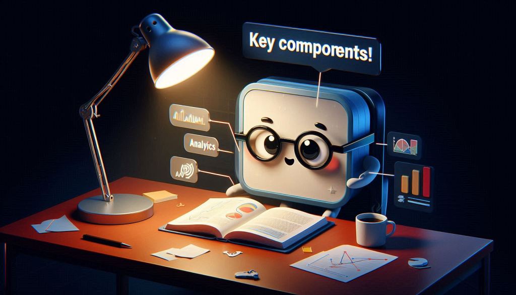 An adorable web page is sitting at a desk with glasses on focusing on an analytics diagram with the words "Key Components!" written at the top. The desk has a lamp a cup of coffee and a couple of papers scattered on it. The lighting is from the lamp, the rest of the image is dark conveying key components in SEO friendly web design.