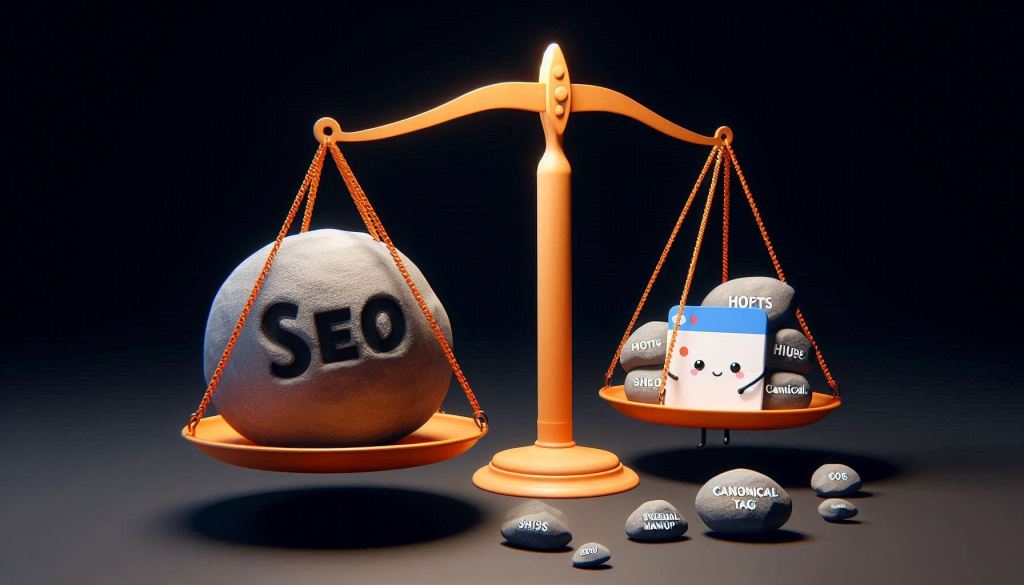 An adorable web page is standing next to weighing scales. On one side is a giant boulder with the letters 'SEO' written on it. On the other side, the adorable web page is placing rocks with "https", "schema markup", and "canonical tags" to try to outweigh the bolder. The rest of the image is dark.