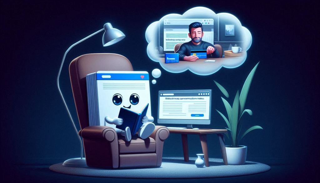 An adorable web page, who is sitting in a comfy recliner, is reading a marketing book when a thought bubble appears above his head as he imagines ways to improve conversion rates. In the thought bubble, a man is sitting at a desk in a dark office as he pulls a credit card out of his wallet. On top of the man's desk is a computer monitor displaying the transaction the man is about to make, imagining ways to improve conversion rates. The image is dark with cool colors and is meant to show an understanding of website conversion rates.