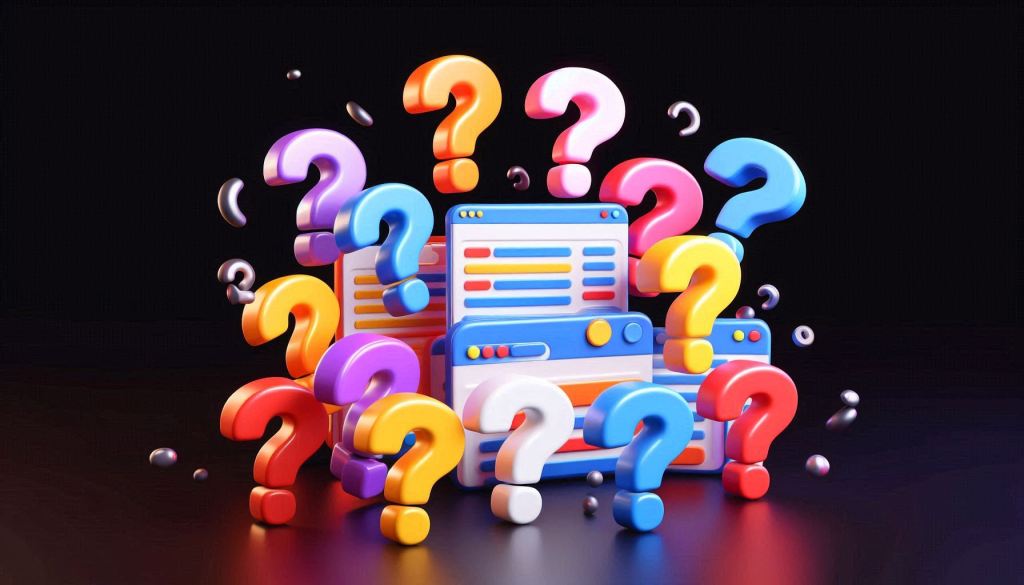 A group of 10 or more differently colored question marks are floating around a black background. They are meant to show the FAQs for SEO-friendly web design. The Adorable animated web pages are in a 3D illustrated animation style.