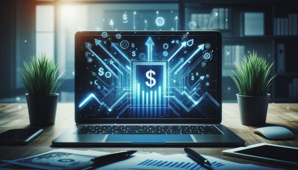 A laptop displaying a modern website interface, surrounded by upward arrows and dollar signs, set in a bright workspace, symbolizing online business success and optimization. The image is dark with cool colors.