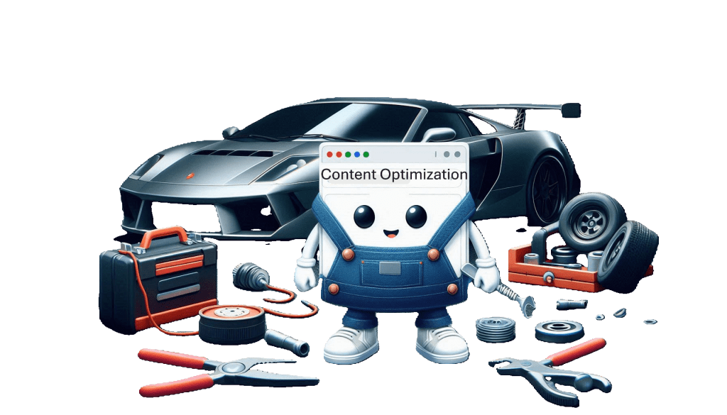 An adorable web page is working at a mechanics garage tuning a late-model sports car. There are tools spread around and a large toolbox nearby. The adorable web page is dressed like a mechanic with grease spots on it. The rest of the image is dark meant to convey the importance of content optimization in SEO Friendly web design.