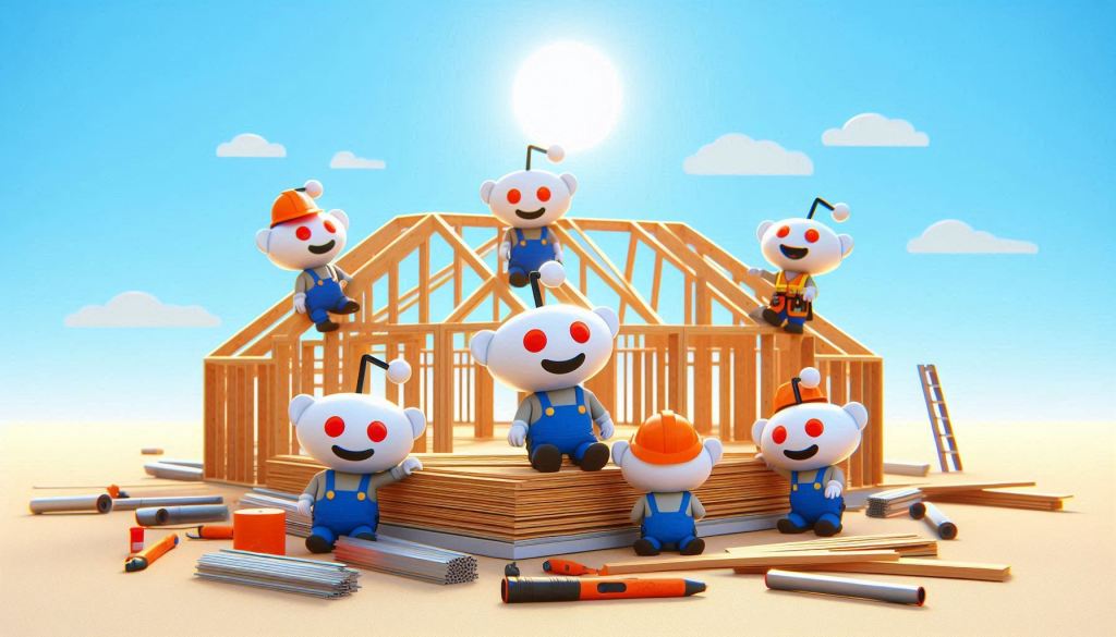 An adorable group of 6 Reddit logo people working at a construction site. The Reddit logos are dressed in construction worker attire while framing a house. It is a sunny day with very little clouds out. Meant to show the importance of constructing a Reddit campaign.