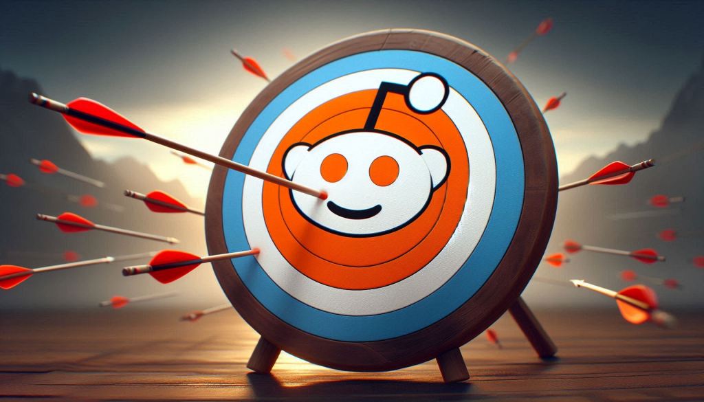 An image of a bow and arrow target with the Reddit logo as the bullseye. The image conveyes target strategies for Reddit advertising.