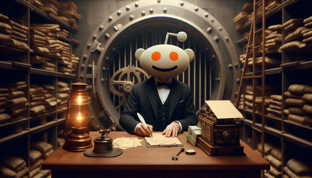 An image of an accountant with the head of the Reddit logo. The accountant is sitting at a wooden desk in a bank vault counting money and tallying the count on an old-fashioned printing calculator. The accountant's desk has old-fashioned materials including ink pen and quill, some parchment (which he records his counts on), scales for weighing, and a gas lantern that lights the vault. All around the vault are stacks of money.