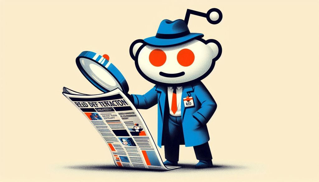 An image of an inspector with the head of the Reddit logo. The inspector is sleuthing through a newspaper with a magnifying glass. The image is meant to show the importance of finding tools to automate lead generation on Reddit.