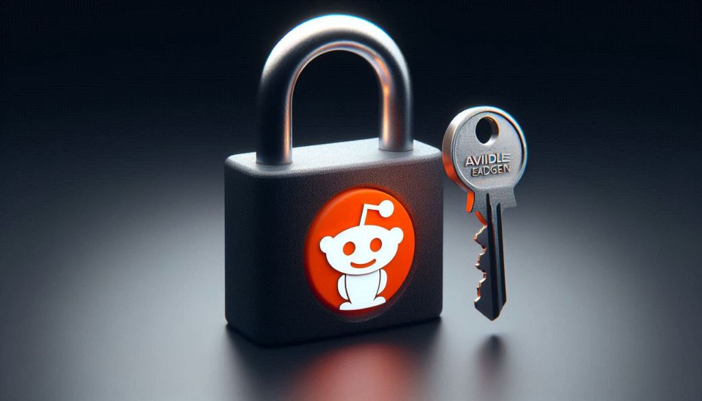 An image of a padlock with the Reddit logo on it. A key with AVILeadGen is near the keyhole of the padlock. The area around the objects is dark.