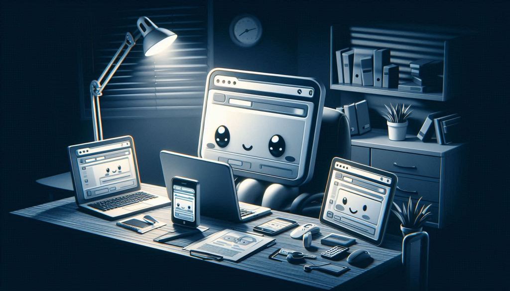 An adorable web page is sitting in a dark office at an office desk frantically working on different devices that are on top of the desk. The devices are a laptop computer, a tablet, and a late-model cellular phone. The room is dimly lit by a lamp which is also on the office desk. The image is representing the importance of responsive design.