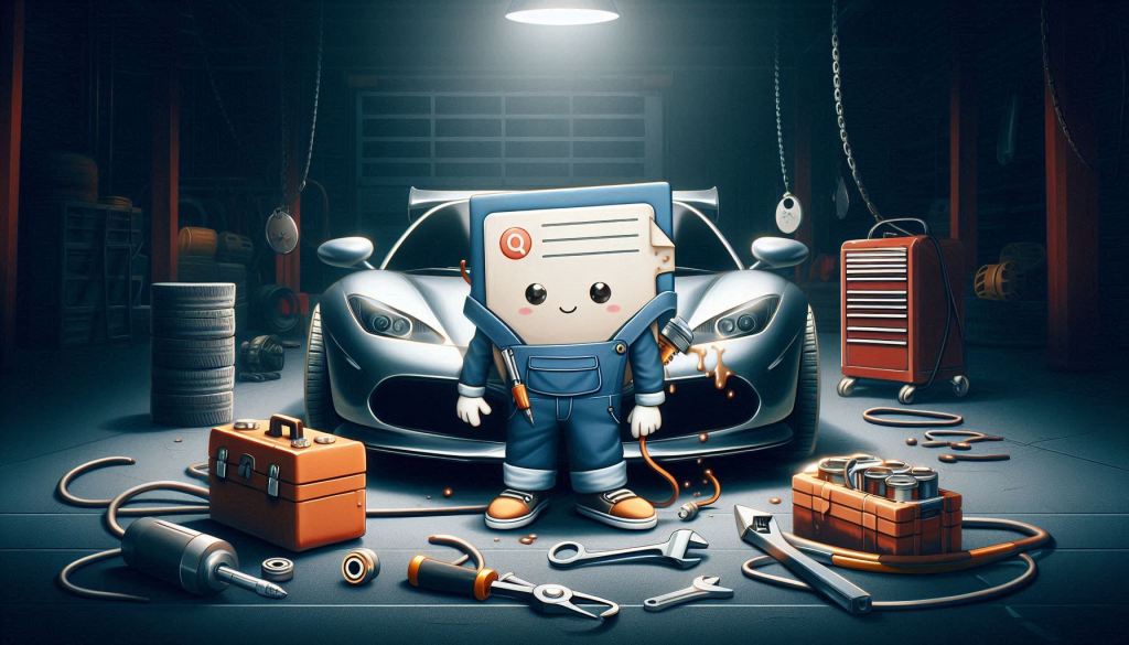 An adorable web page is working at a mechanics garage tuning a late-model sports car. There are tools spread around and a large toolbox nearby. The adorable web page is dressed like a mechanic with grease spots on it. The rest of the image is dark meant to show the need for continuous optimization for continued improvement.