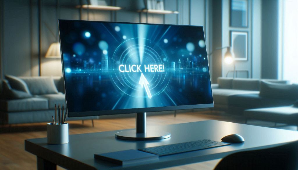 A monitor sitting on a modern desk shows a blurred image except for a glowing button in the center of the screen that says "Click Here!". The monitor is in a coolly lit room with modern furniture. Showcasing web design trends for micro-interactions.