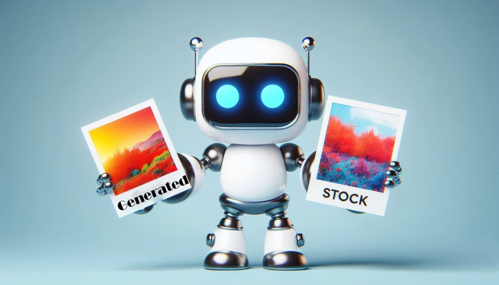 An adorable robot is holding two Polaroid pictures trying to determine which is better. One picture is full of vibrant colors. The other picture is a black-and-white image with the word "STOCK" written over it. The image is intended to show that generated images are preferred over stock images in current web design trends.