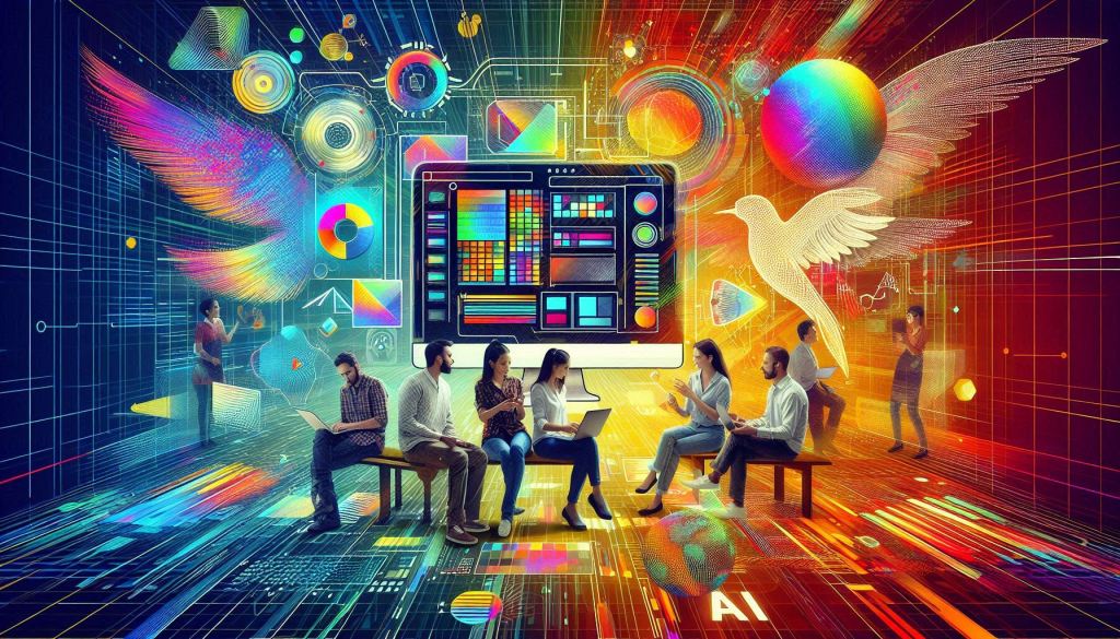 A digital art representation of a futuristic website interface displayed on a laptop screen, surrounded by abstract shapes symbolizing color palettes, line art illustrating typography samples, and pixelated icons representing AI. The scene is vibrant with a stress on current web design trends.