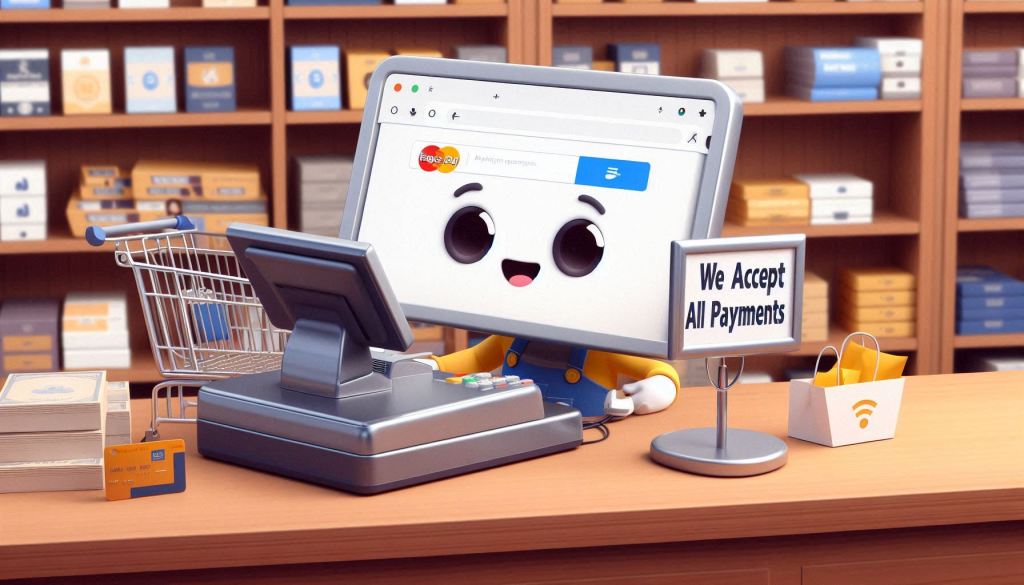 An adorable web page is standing behind a cash register ringing up a customer in a buy retail store. Under the register is a store sign that states "We accept ALL payments". The image is meant to convey the importance of making checkout simple.