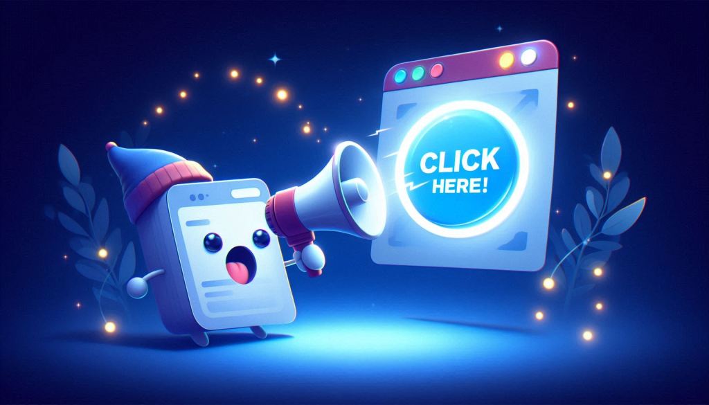 An adorable web page is shouting into a mega phone near a large floating button that reads "Click Here!" The button is bright with lights all along its edges. The rest of the image is dark with cool colors. The image is meant to convey the importance of a strong call-to-action to boost website conversion rates.