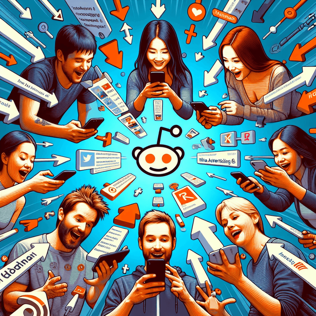 A vibrant digital art scene featuring a diverse group of individuals, including an excited Caucasian male and an enthusiastic Asian female, both engro