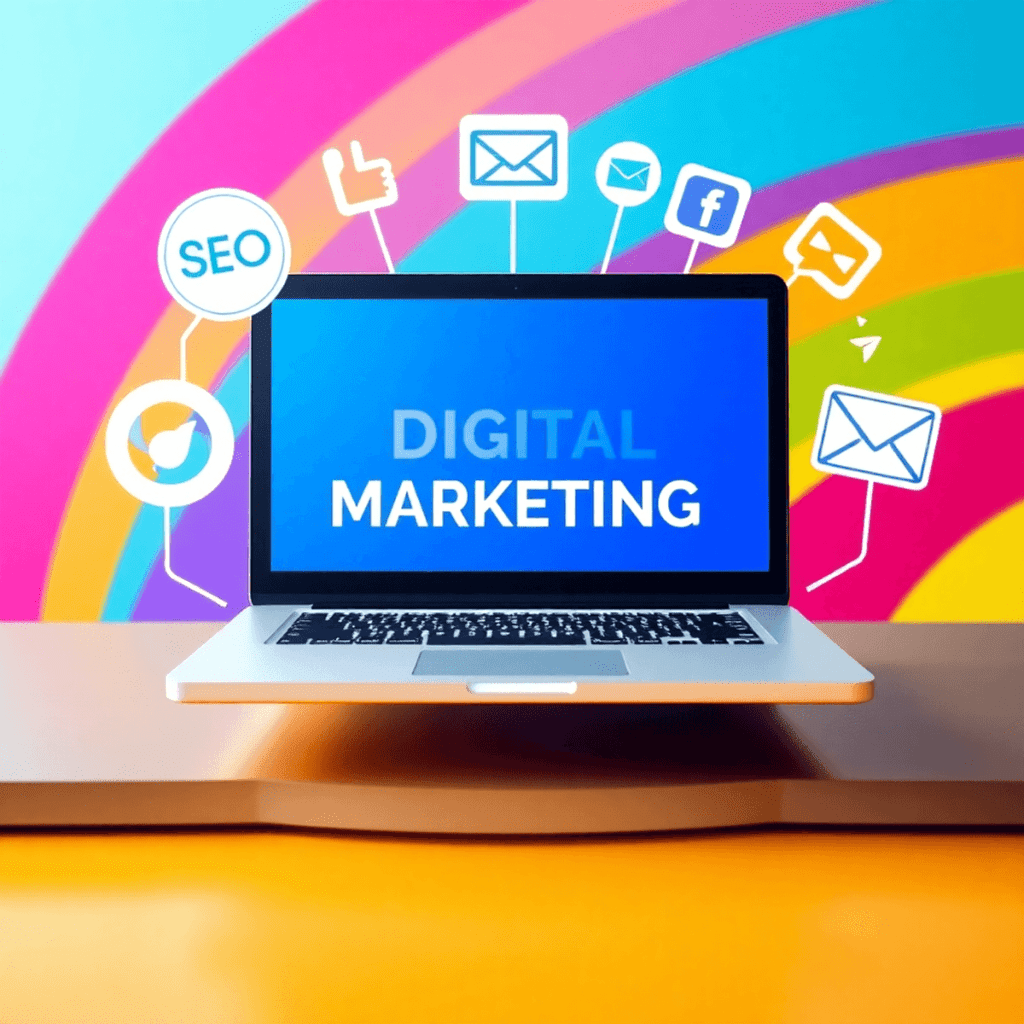 A laptop surrounded by colorful digital marketing icons like SEO, social media, and email symbols, set against a modern, vibrant background.