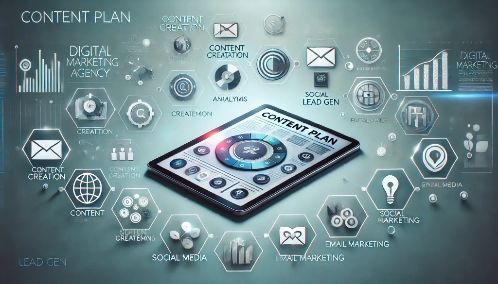 a cool-toned image designed to visually represent a content plan for AVI Lead Gen. It incorporates modern and professional elements to align with your digital marketing expertise.