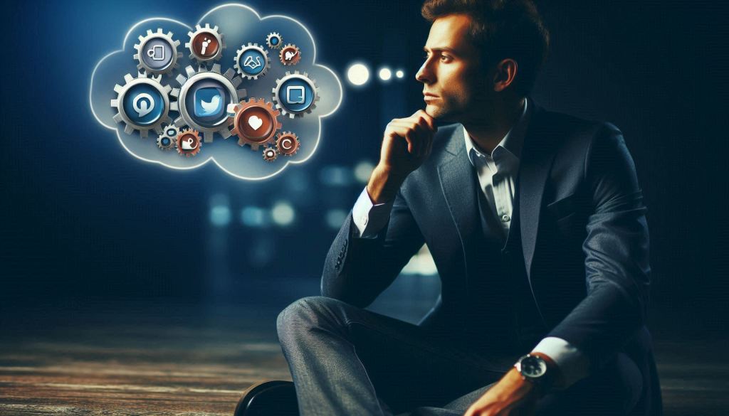 A professionally dressed man is sitting in a dark office with a thought bubble over his head that shows images of gears with social media icons on them. The image is done with cool colors and is set to show the need for understanding Social Media Marketing.