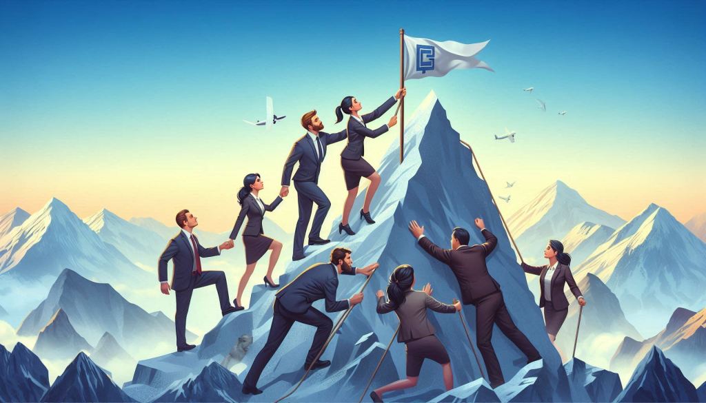 A group of 6 professionally business-dressed individuals are working together to reach the peak of Mount Everest, they are desperately trying to get to the top as the first professional arrives at the very top and plants a flag with a company logo on it.