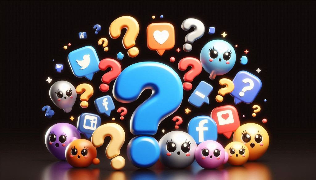 A group of 10 or more differently colored question marks are floating around a black background. Meant to show the FAQs for Social Media Marketing. The adorable Social Media Icons are in a 3D illustrated animation style.
