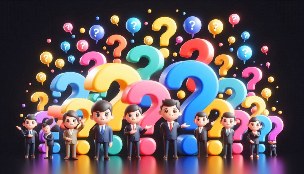 A group of 10 or more differently colored question marks are floating around a black background. Meant to show the FAQs for Online Marketing for Beginners. The adorable marketing agents are in a 3D illustrated animation style.