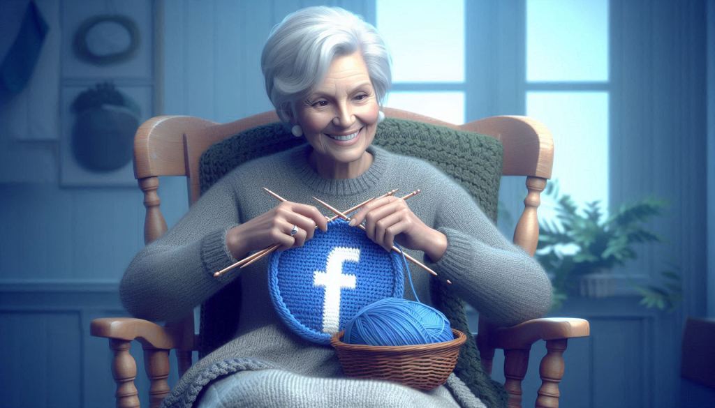 A realistic image of a happy, elderly caucasian woman wearing a sweater with a blanket over her legs in a rocking chair. She is holding crochet needles and in her lap, she is knitting what appears to be a digital Facebook logo. The setting is cool colors intended to show the importance of crafting content for effective social media marketing.