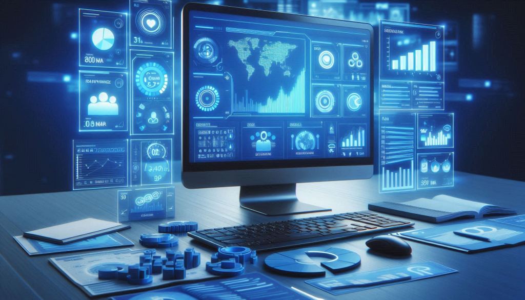 a realistic image of social media analytics on a monitor in blue colors. to show the importance of monitoring social media marketing analytics.