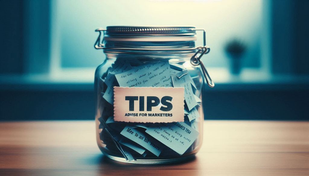 A jar sitting out on a counter with the word "TIPS" written on it. Inside of the jar are multiple strips of paper with advise for marketers written on them. The image is cool colors.