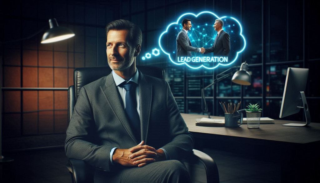 A middle-aged professionally dressed man sitting in an office chair in a dark office setting. He has a thought bubble over his head with an image of two men shaking hands, apparently coming to a deal. In the background of the thought bubble is a neon sign for lead generation. The image is composed of cool colors.