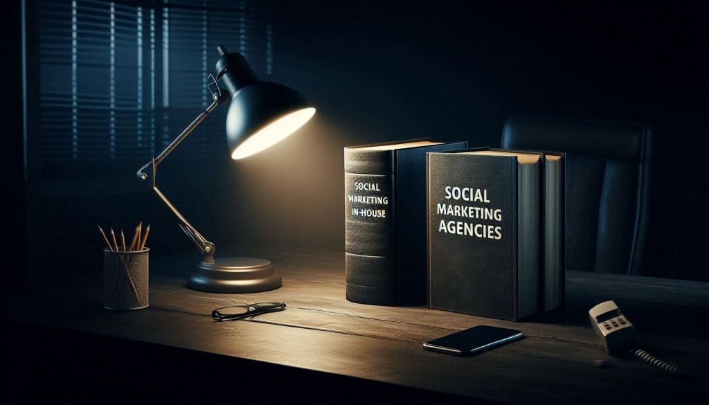 A dark image of a dark office desk with two books sitting on the desk. A nearby desk lamp illuminates the books revealing the titles. One book is called Social Marketing In-House while the other shows Social Marketing Agencies. The image is meant to compare Social Media Companies Vs. In-House Marketers.