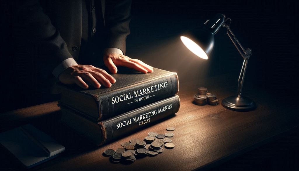 A dark image of a dark office desk with two books lying flat on the desk. A nearby desk lamp illuminates the books revealing the titles and a mans hand is reaching towards the Social Marketing Agencies book. One book is called Social Marketing In-House while the other shows Social Marketing Agencies. The image is meant to compare social media agencies cost vs the cost of hiring in-house SMM.