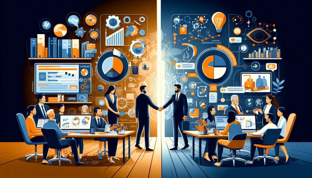 A split-screen illustration showing two paths: one side depicts an in-house marketing team working collaboratively in a cozy, well-organized office with charts and campaign plans on display, symbolizing control and customization. The other side shows a professional social media agency office with a dynamic team using high-tech tools and presenting innovative strategies, representing expertise and scalability. At the center, a handshake symbolizes partnership and decision-making, highlighting the choice between these two approaches to social media marketing.