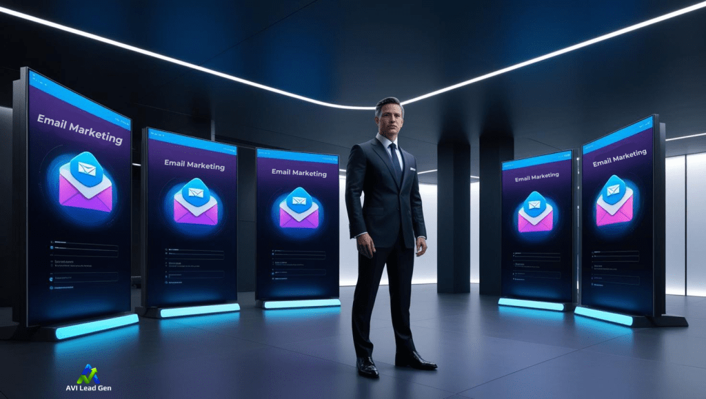 a visually inspiring futuristic image of a professionally dressed man standing in a large office with 3d monitors showing digital email marketing stats. The image is dark with cool color hues.