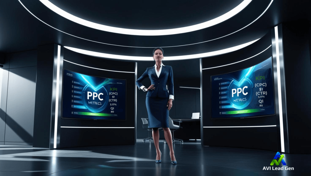 a visually inspiring futuristic image of a professionally dressed woman standing in a large office with 3d monitors showing digital ppc metrics. The image is dark with cool color hues showing off beginner-friendly social media tools output content in a sleek and stylish way.