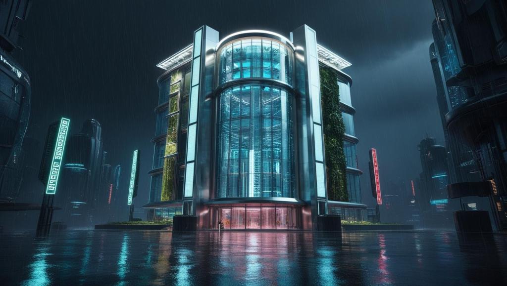 A futuristic business building in a dark city setting, showing the ability to future-proof a business.